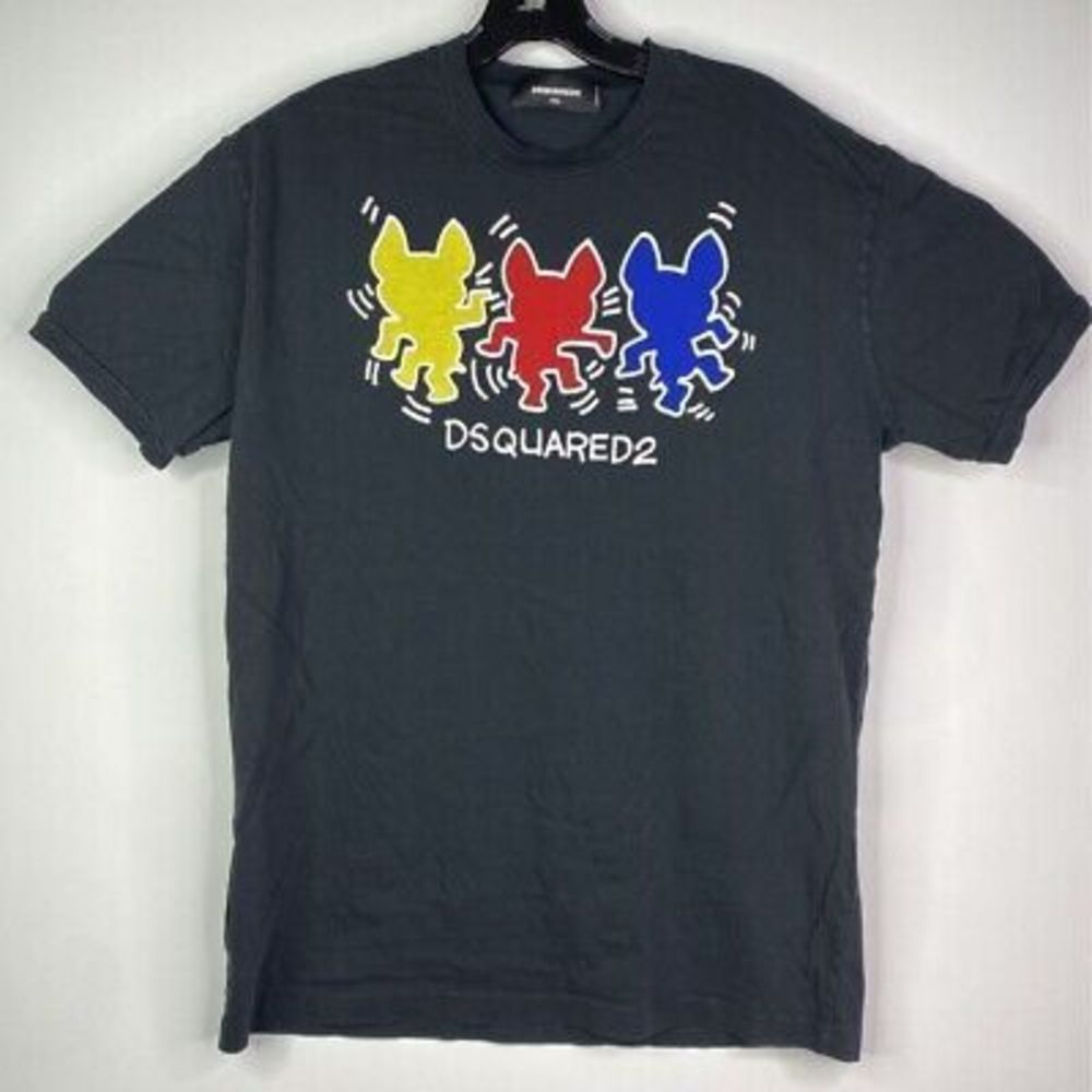 Dsquared2 Keith Haring Dancing Dog Mens Graphic T-Shirt Black Red Crew N…